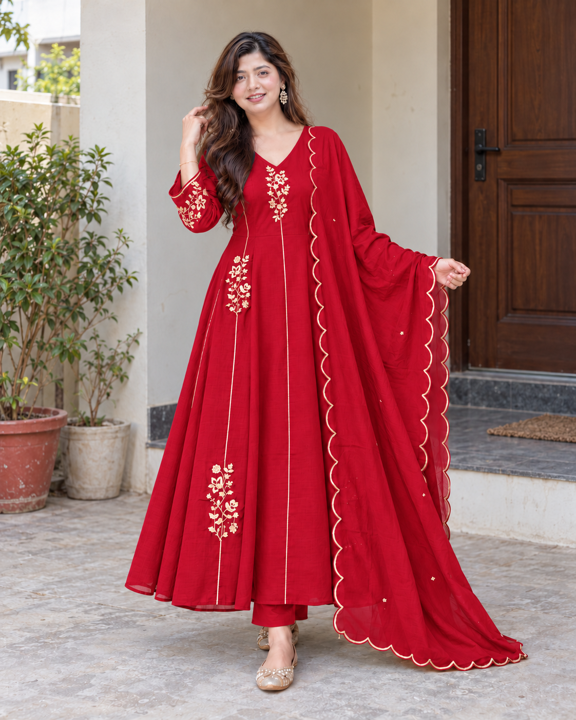 Charming Ruby Red Floral Embroidered Anarkali Suit Set