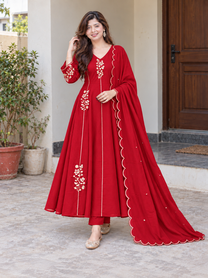 Charming Ruby Red Floral Embroidered Anarkali Suit Set