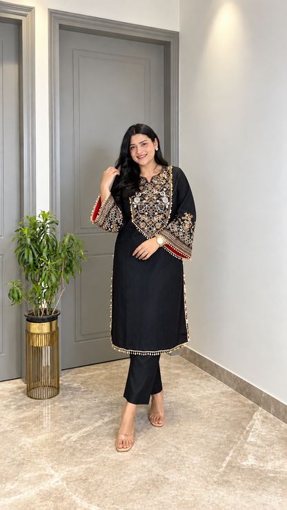 Elegant Black Embroidered Straight Kurta Set
