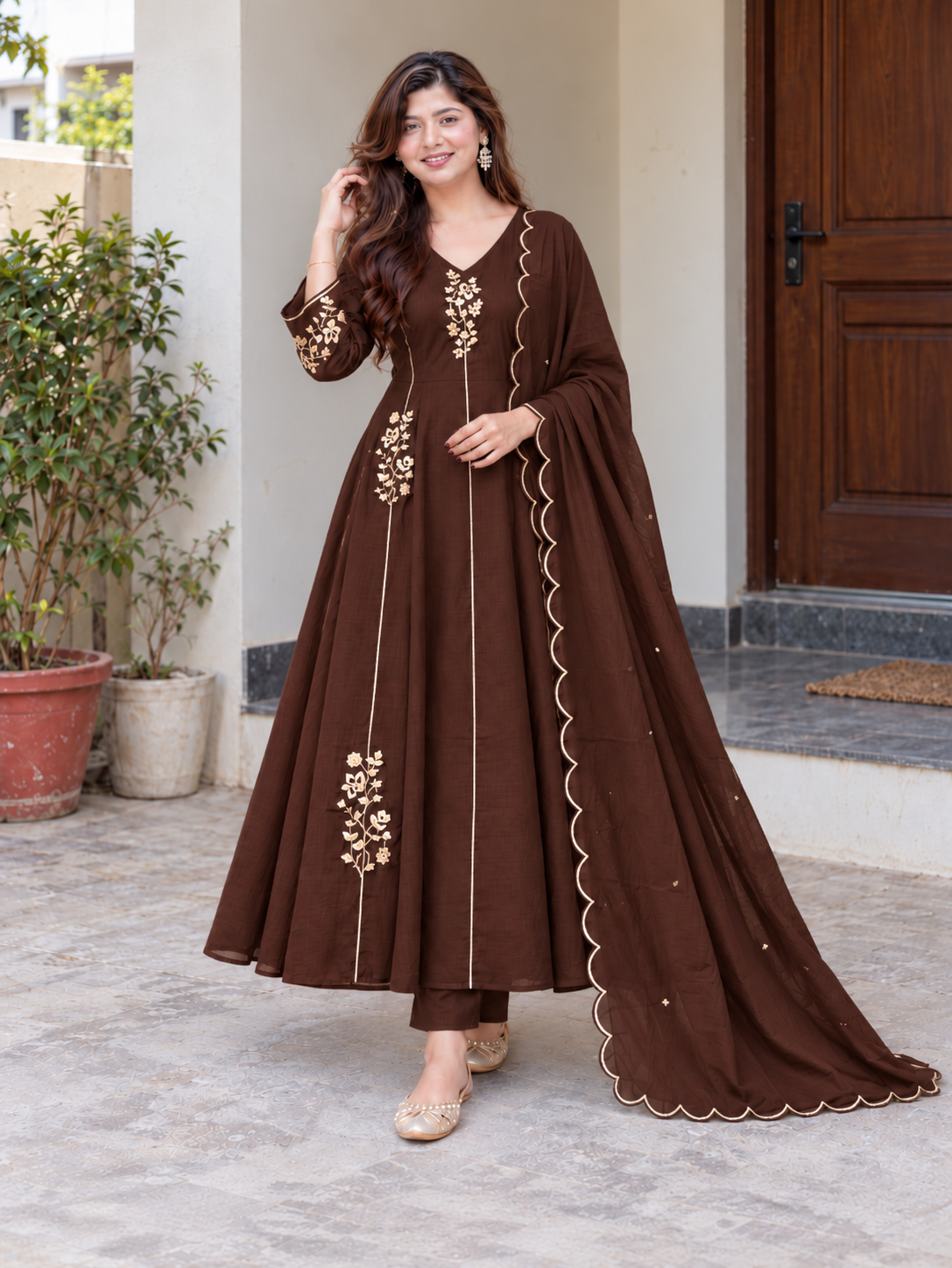 Elegant Mocha Brown Floral Embroidered Anarkali Suit Set