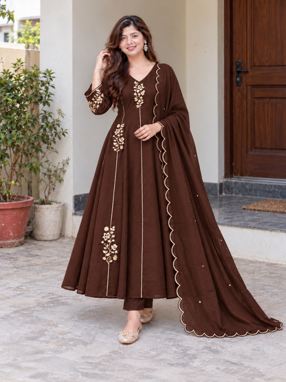 Elegant Mocha Brown Floral Embroidered Anarkali Suit Set