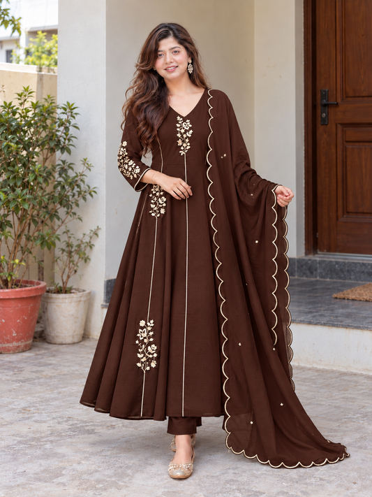 Elegant Mocha Brown Floral Embroidered Anarkali Suit Set
