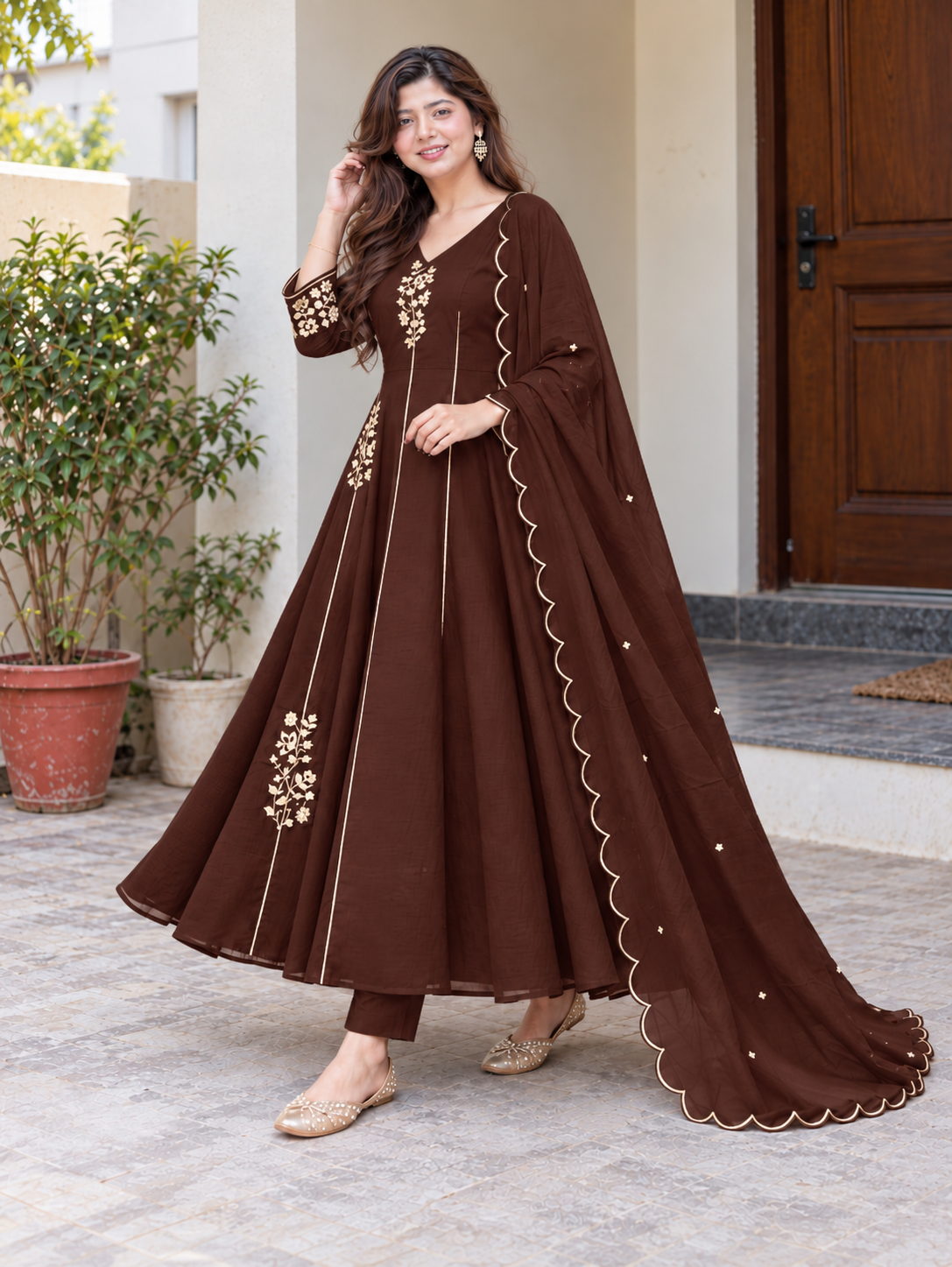 Elegant Mocha Brown Floral Embroidered Anarkali Suit Set