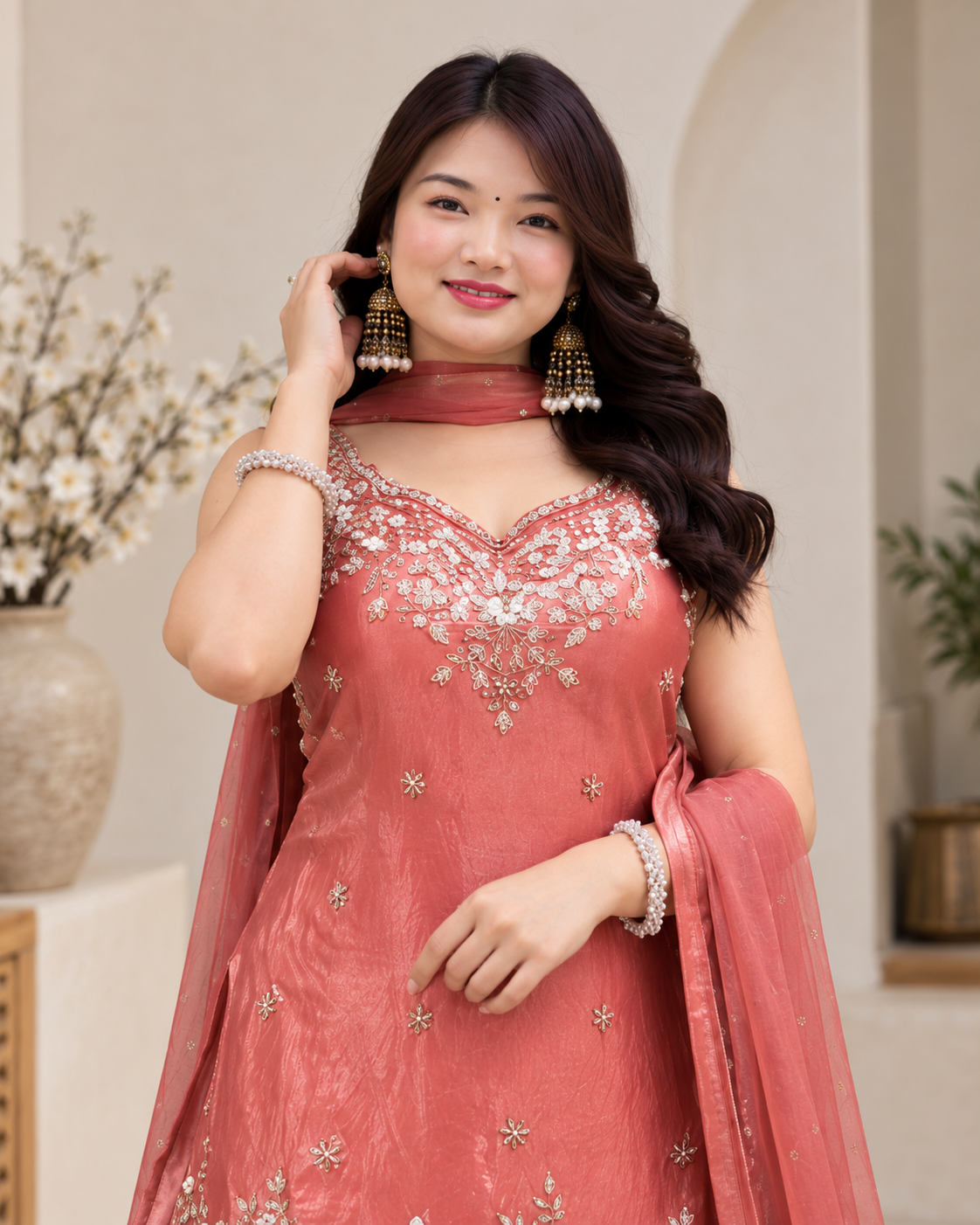 Charming Coral Embroidered Sharara Suit Set