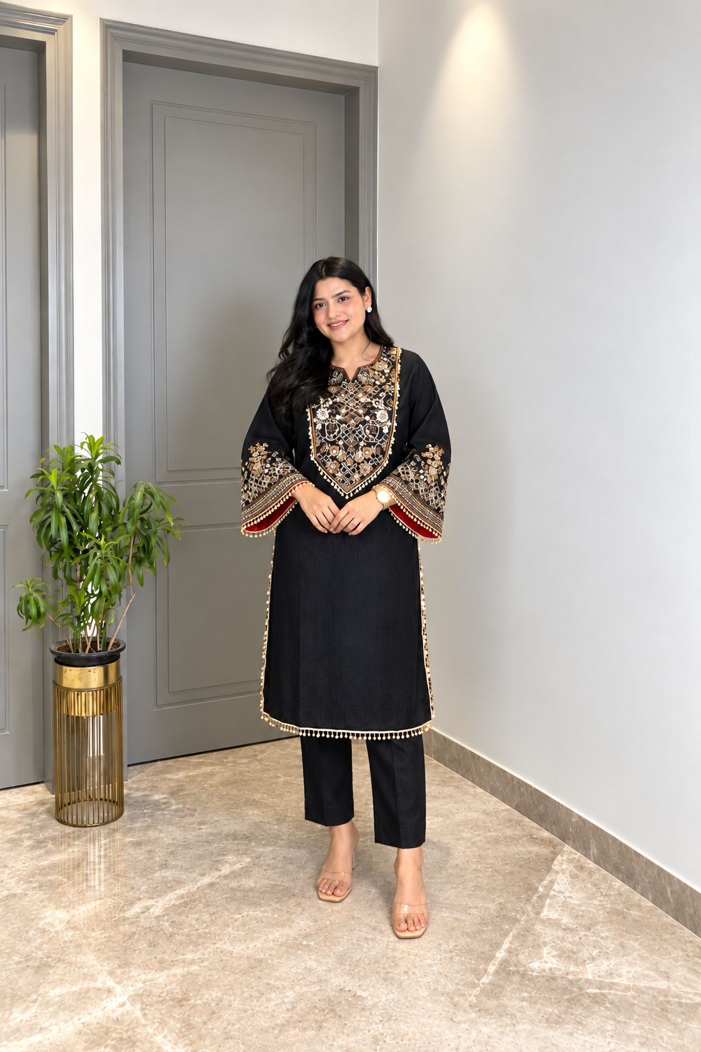 Elegant Black Embroidered Straight Kurta Set