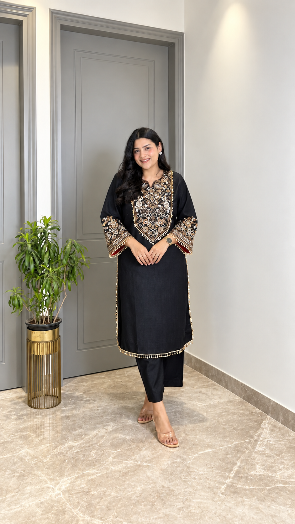 Elegant Black Embroidered Straight Kurta Set