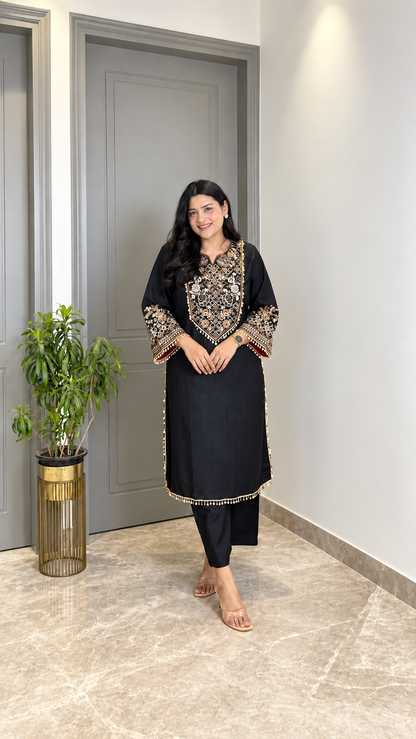 Elegant Black Embroidered Straight Kurta Set