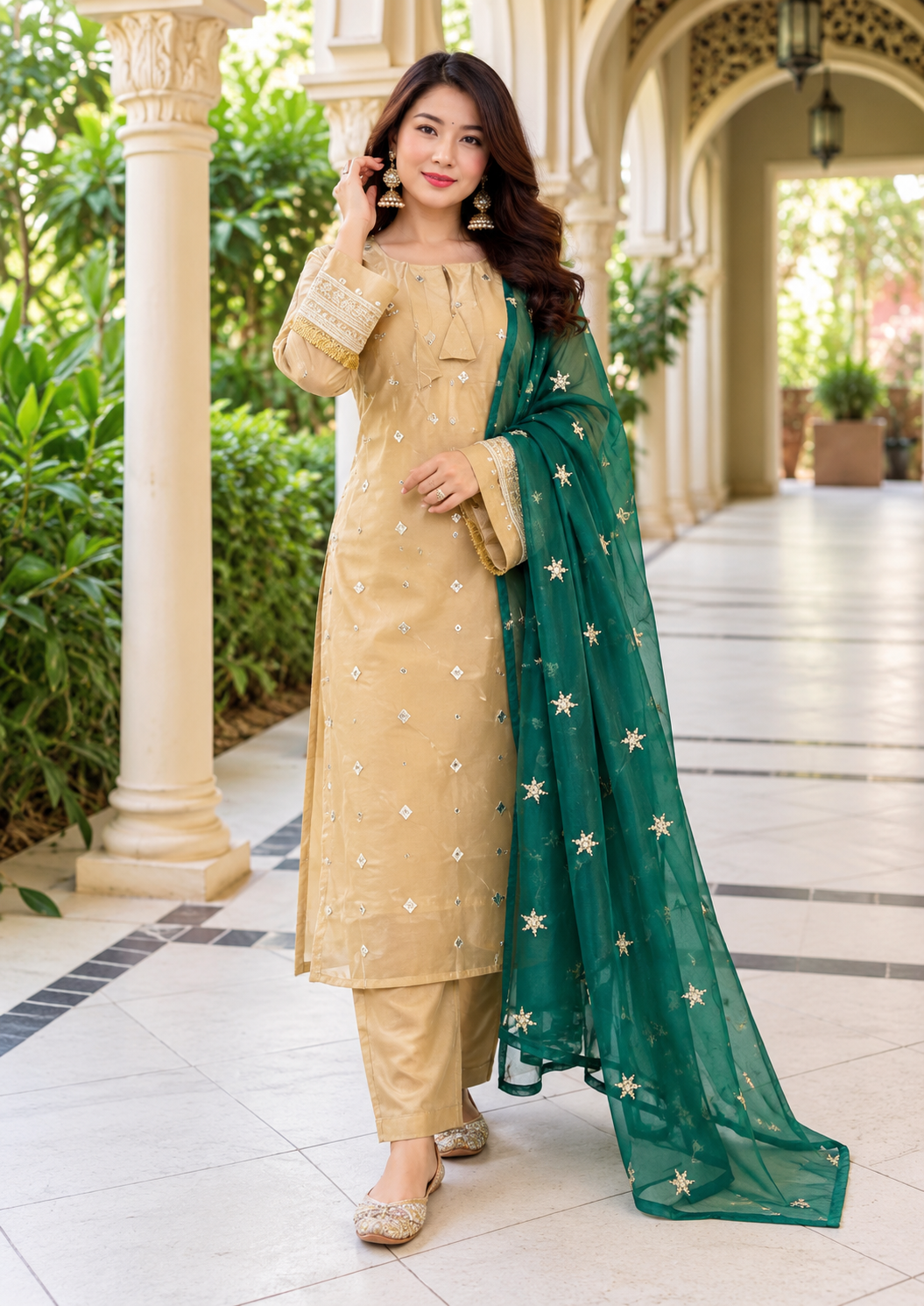 Charming Beige Mirror Work Suit Set with Emerald Dupatta