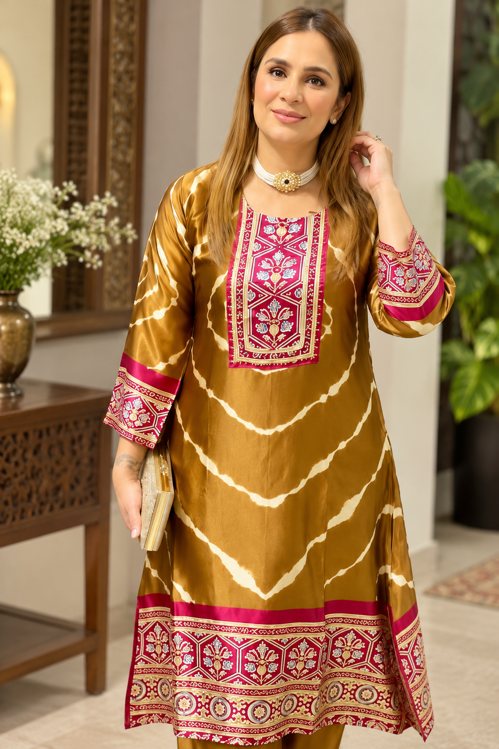 Beautiful Mustard Gold Printed Kurta Pant Set
