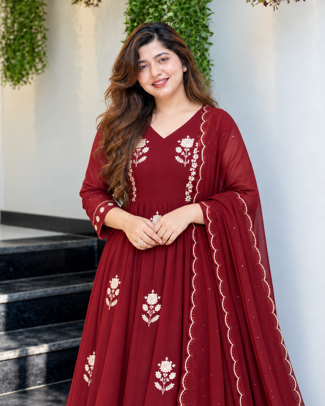 Charming Deep Maroon Embroidered Anarkali Suit Set
