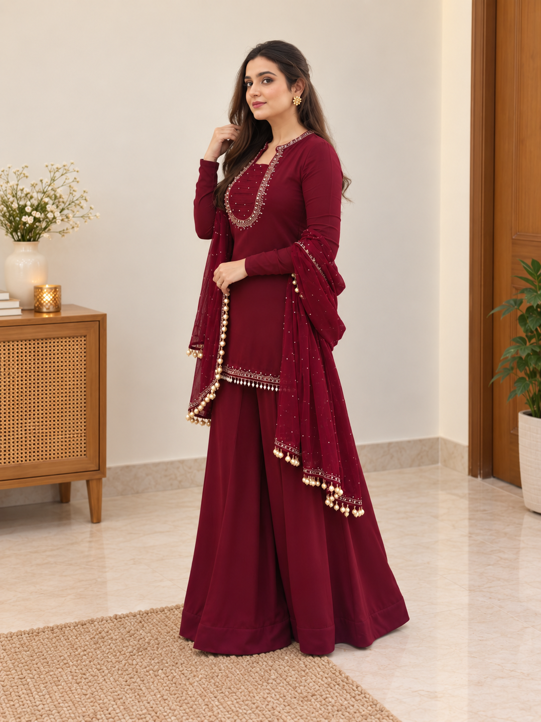 Graceful Maroon Embellished Sharara Suit Set