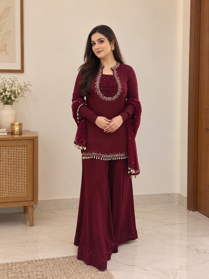 Graceful Maroon Embellished Sharara Suit Set