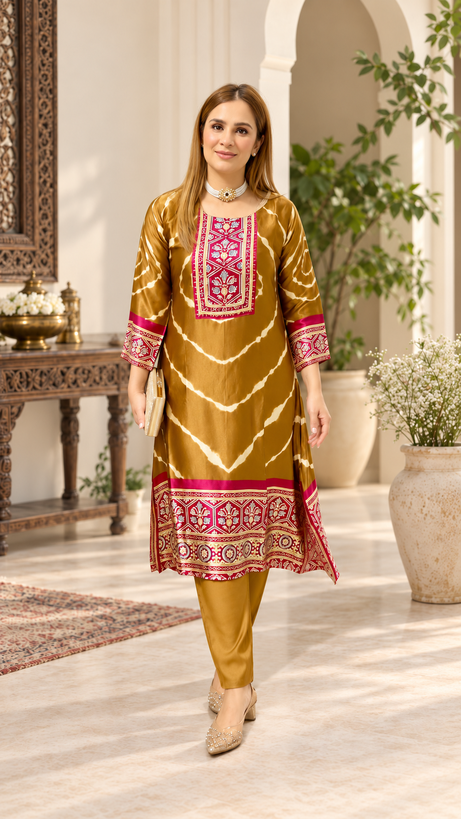 Beautiful Mustard Gold Printed Kurta Pant Set