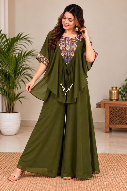 Classic Mehendi Green Embroidered Kaftan Palazzo Set