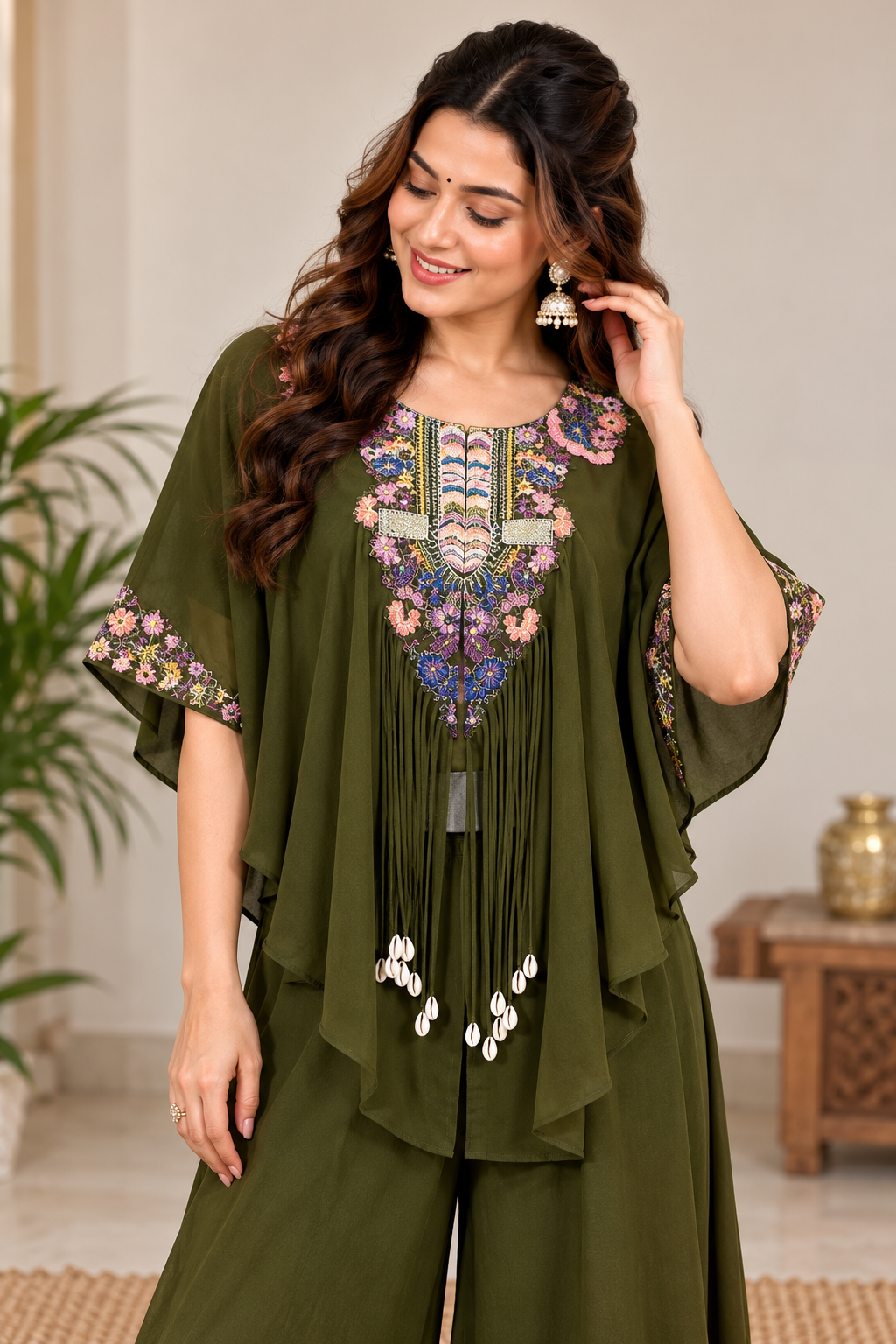 Classic Mehendi Green Embroidered Kaftan Palazzo Set