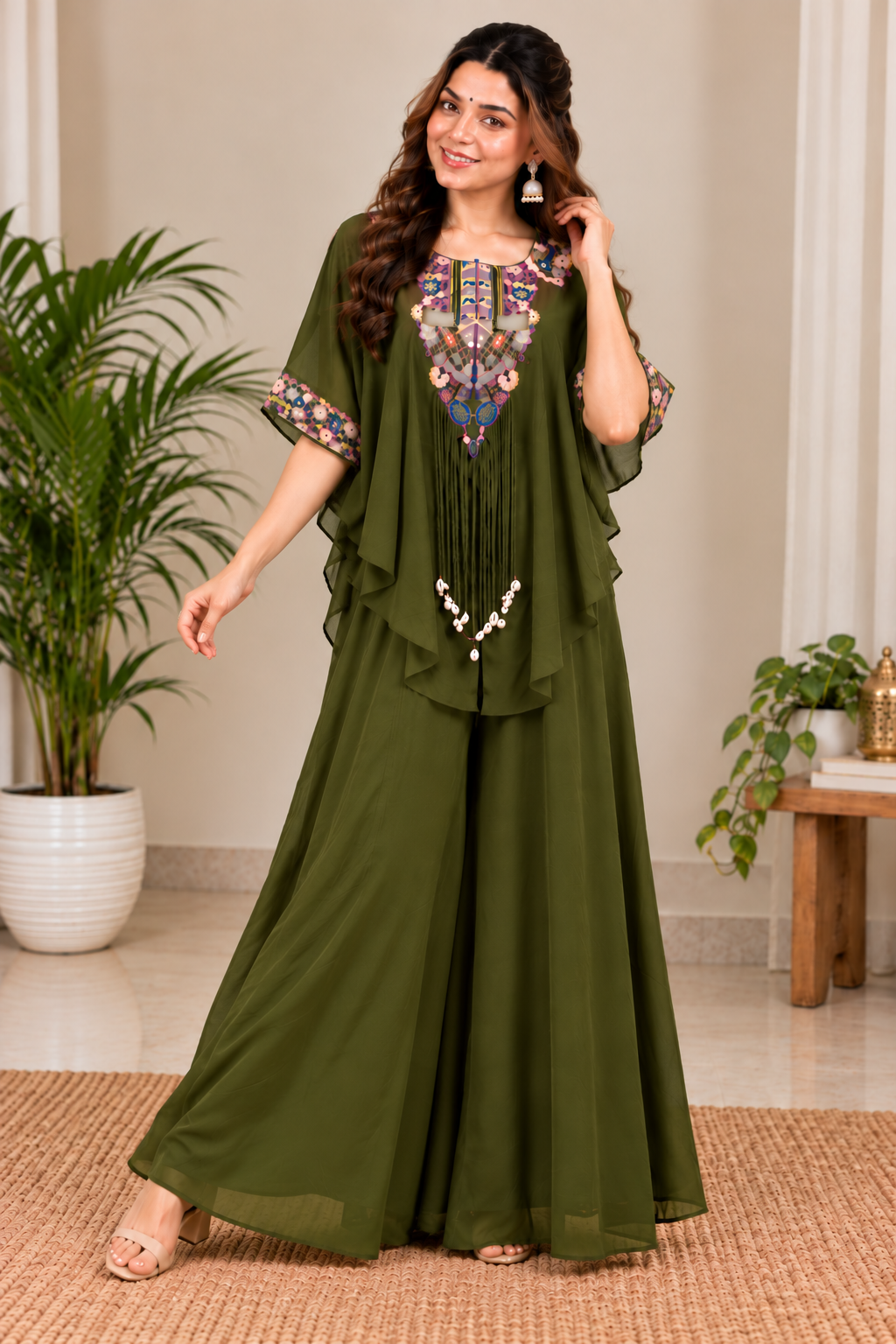 Classic Mehendi Green Embroidered Kaftan Palazzo Set