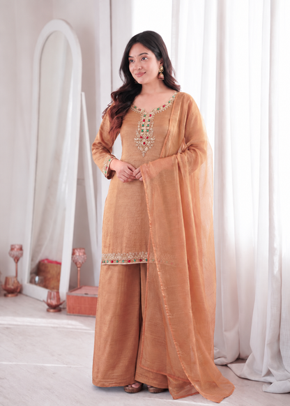 Graceful Peach Embroidered Palazzo Suit Set