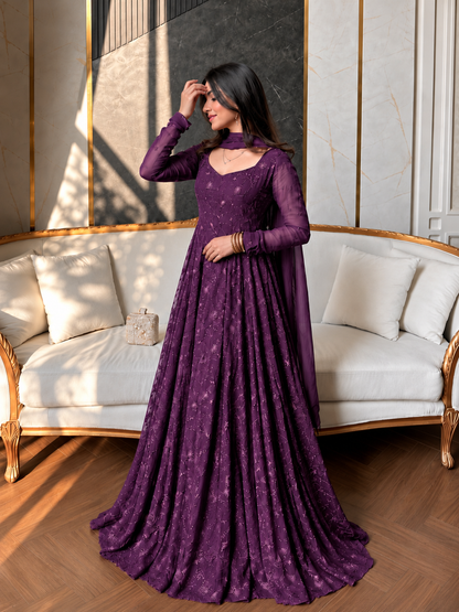 Enchanting Deep Purple Floral Embroidered Anarkali Gown set