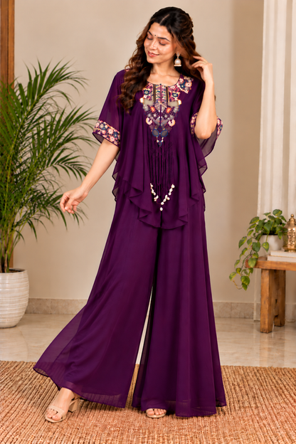 Deep Purple Embroidered Kaftan Palazzo Set