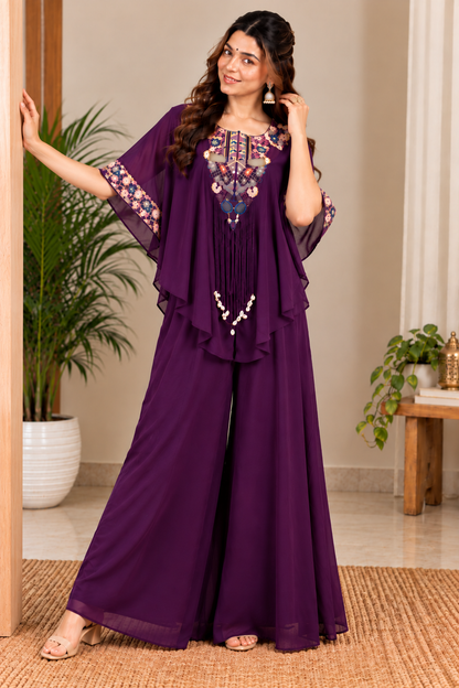 Deep Purple Embroidered Kaftan Palazzo Set