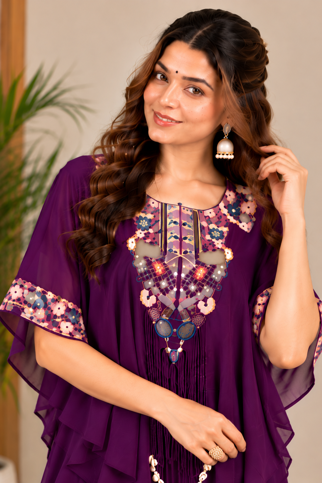 Deep Purple Embroidered Kaftan Palazzo Set