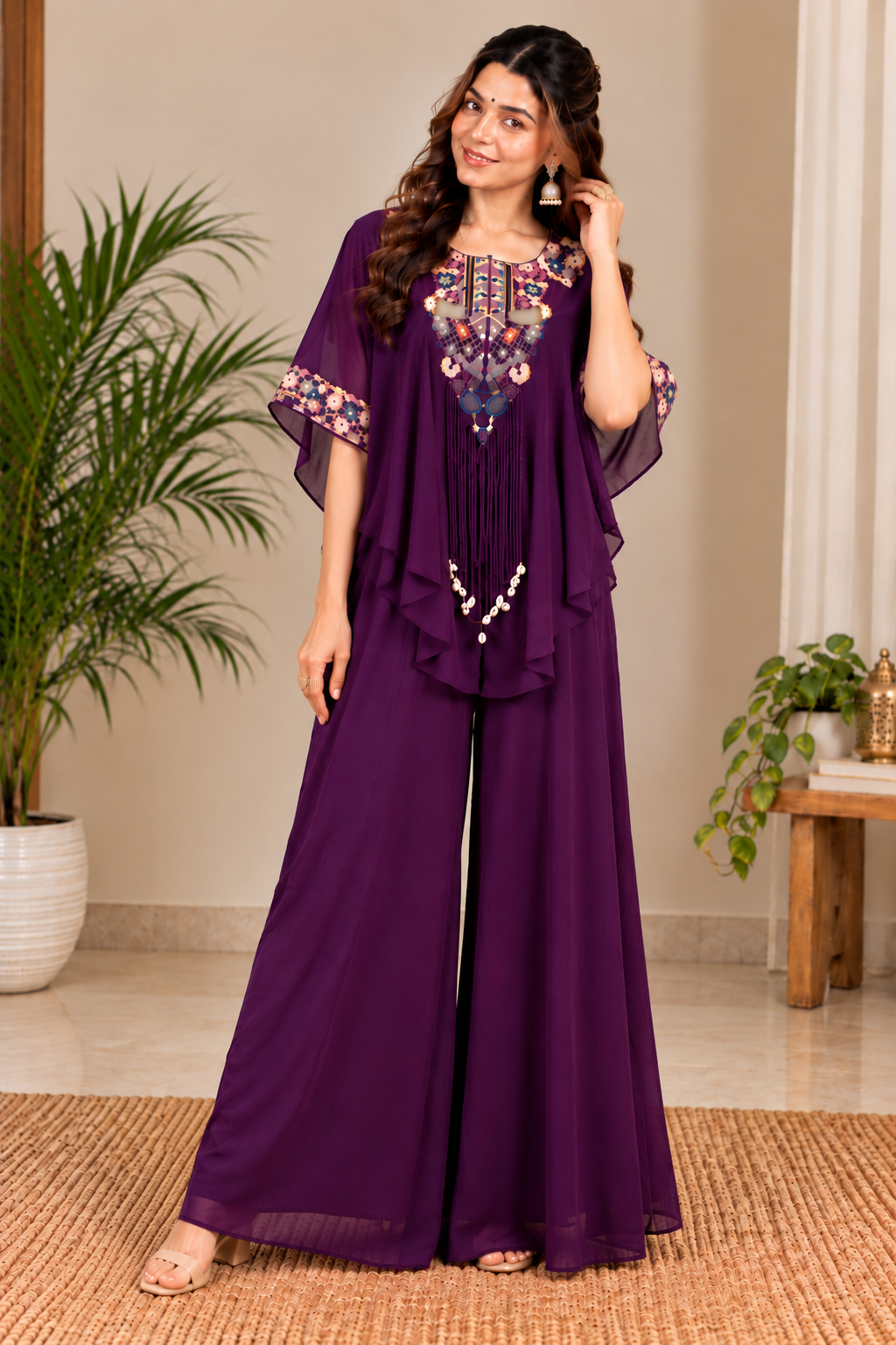 Deep Purple Embroidered Kaftan Palazzo Set