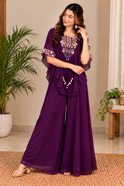 Deep Purple Embroidered Kaftan Palazzo Set