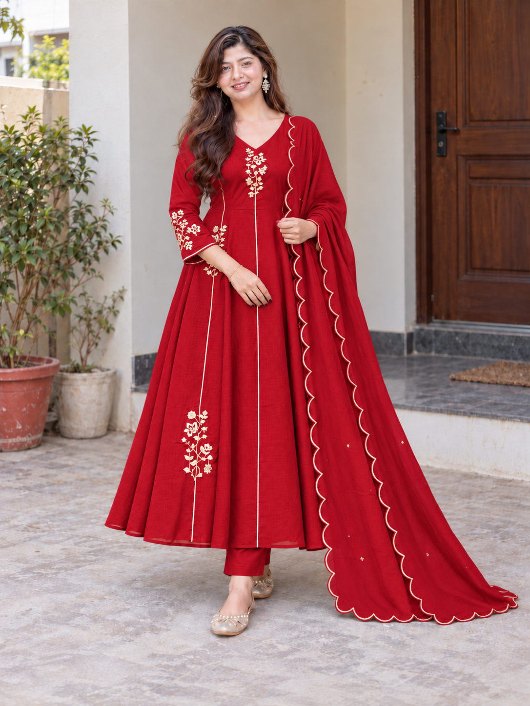 Charming Ruby Red Floral Embroidered Anarkali Suit Set