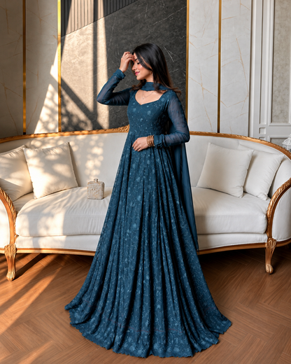 Serene Teal Blue Floral Embroidered Anarkali Gown with Dupatta