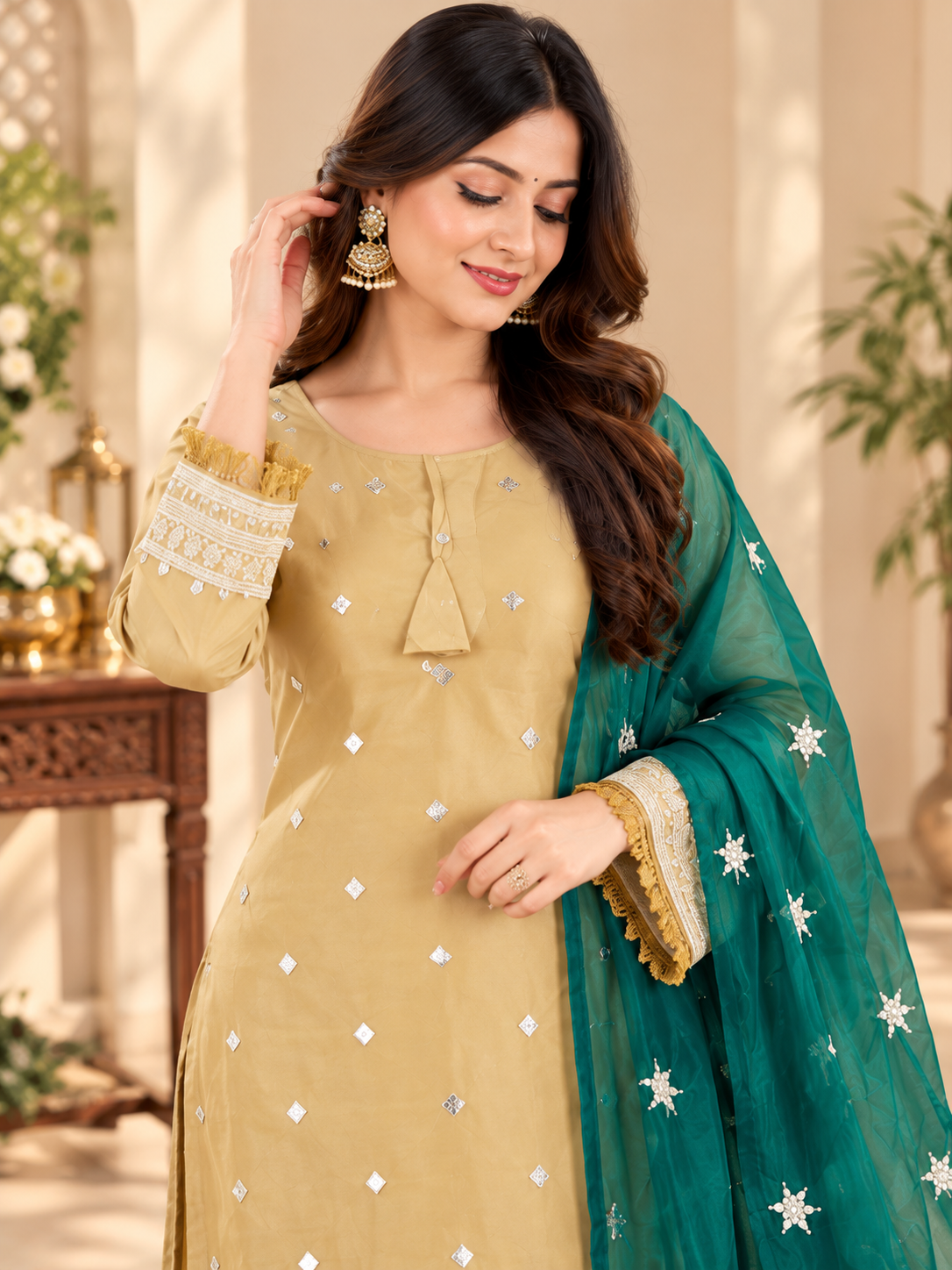 Charming Beige Mirror Work Suit Set with Emerald Dupatta