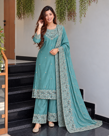 Beautiful Teal Blue Embroidered Suit Set with Dupatta