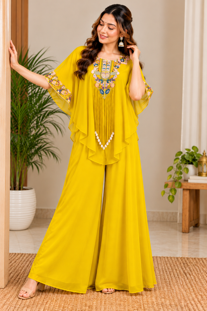 Radiant Mustard Yellow Embroidered Kaftan Palazzo Set