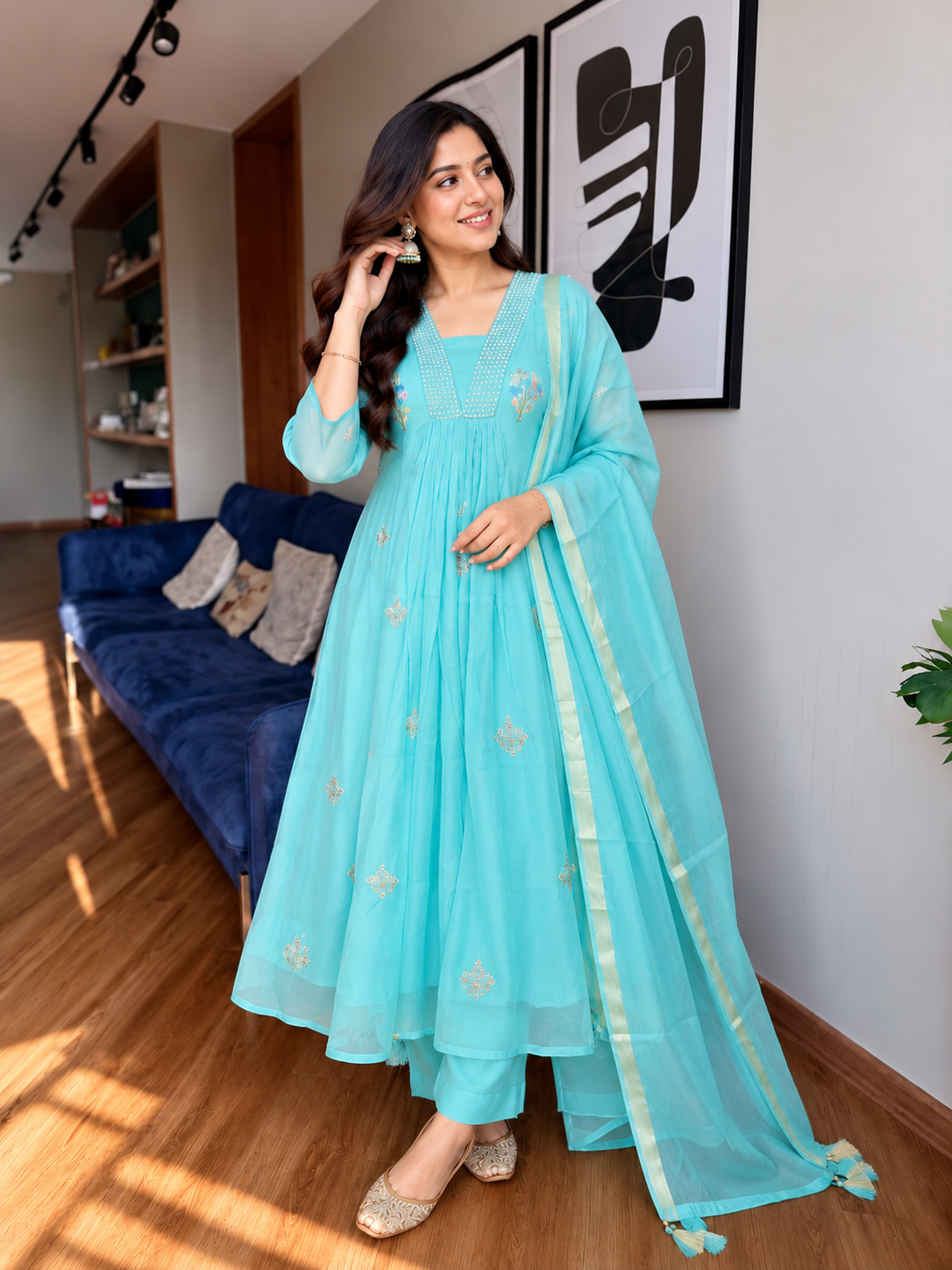 Charming Aqua Blue Embroidered Anarkali Suit Set