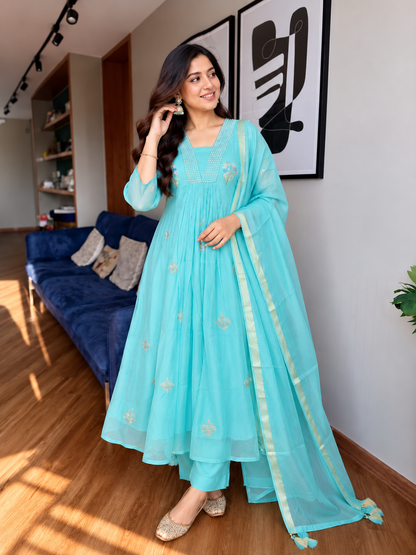 Charming Aqua Blue Embroidered Anarkali Suit Set