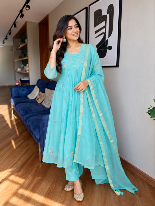 Charming Aqua Blue Embroidered Anarkali Suit Set