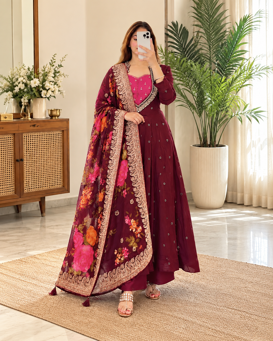 Lovely Wine Floral Dupatta Suit Set