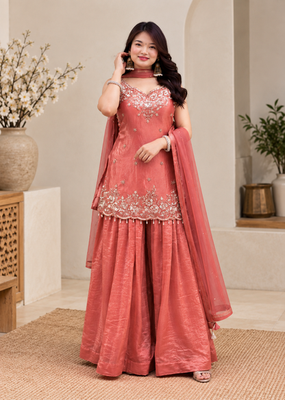 Charming Coral Embroidered Sharara Suit Set