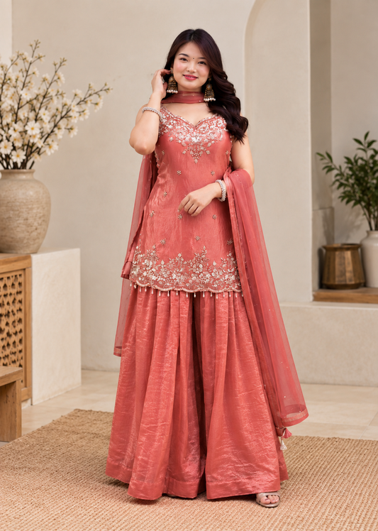 Charming Coral Embroidered Sharara Suit Set