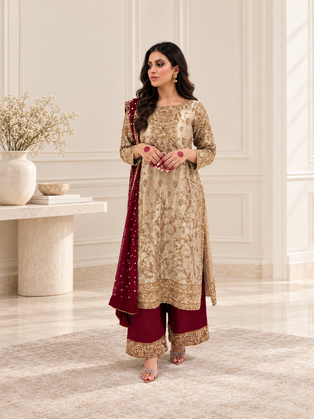 Graceful Beige Embroidered Festive Suit Set