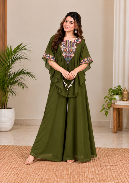 Classic Mehendi Green Embroidered Kaftan Palazzo Set