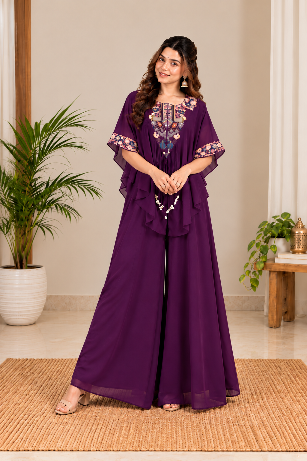 Deep Purple Embroidered Kaftan Palazzo Set