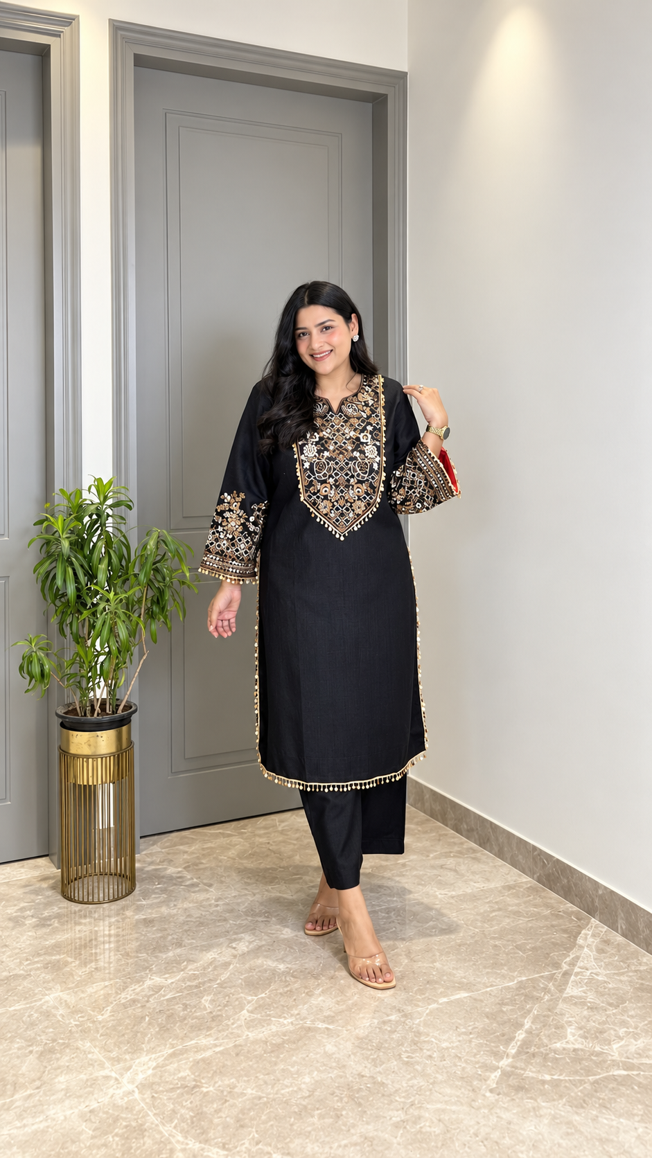 Elegant Black Embroidered Straight Kurta Set