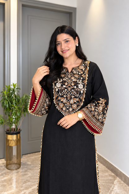 Elegant Black Embroidered Straight Kurta Set