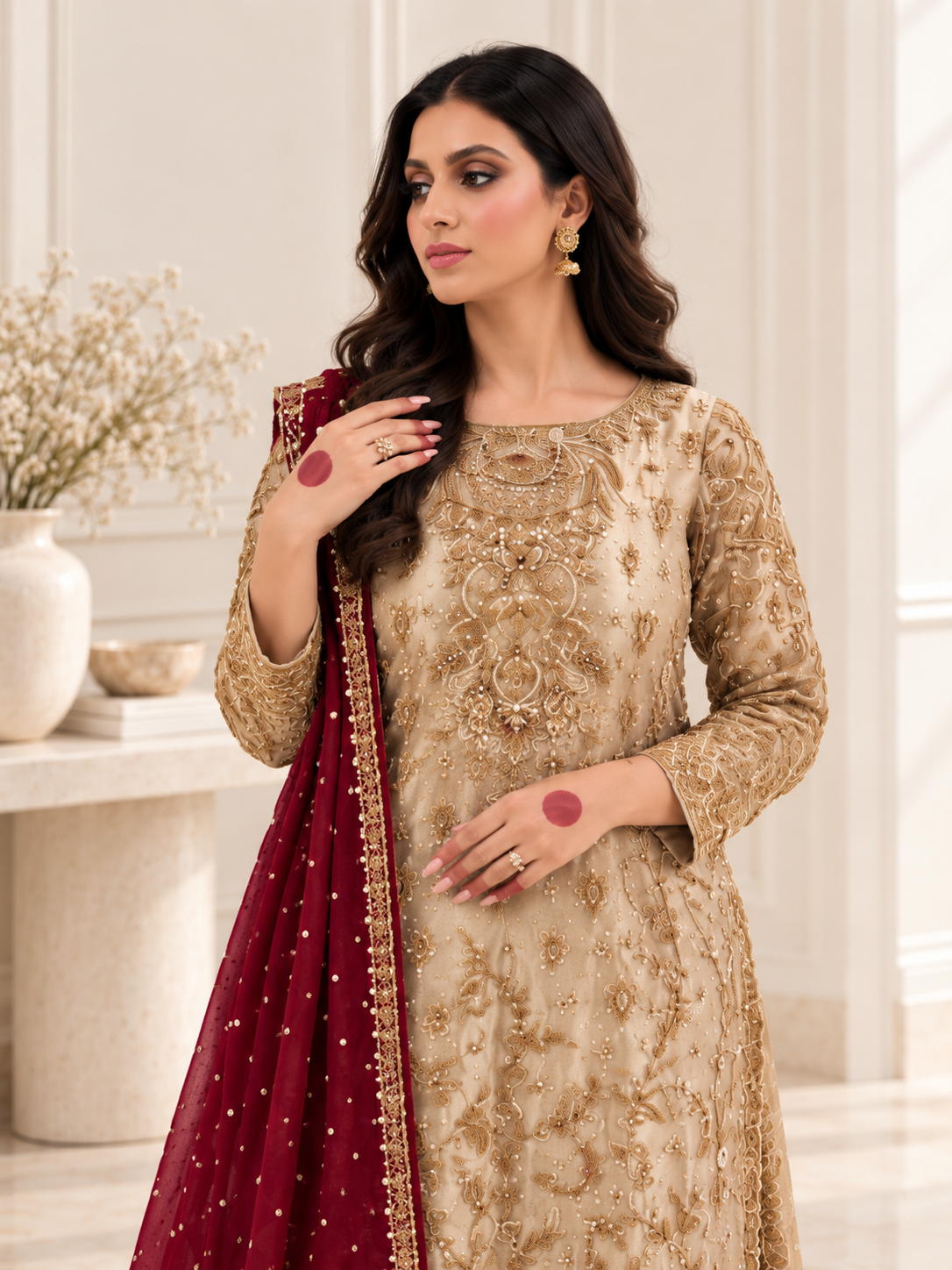 Graceful Beige Embroidered Festive Suit Set