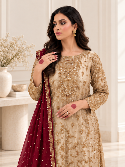 Graceful Beige Embroidered Festive Suit Set