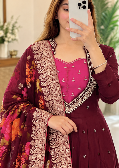 Lovely Wine Floral Dupatta Suit Set