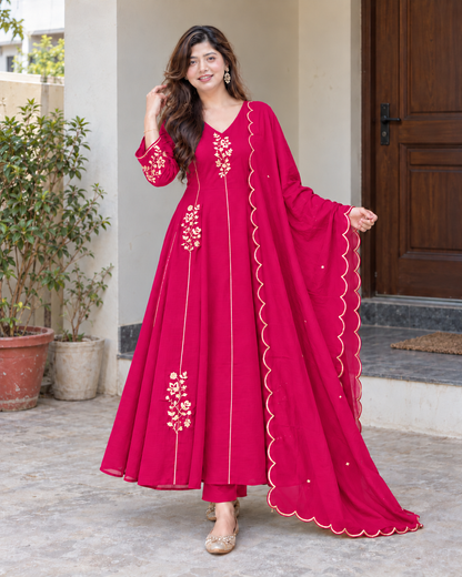 Beautiful Rani Pink Floral Embroidered Anarkali Suit Set