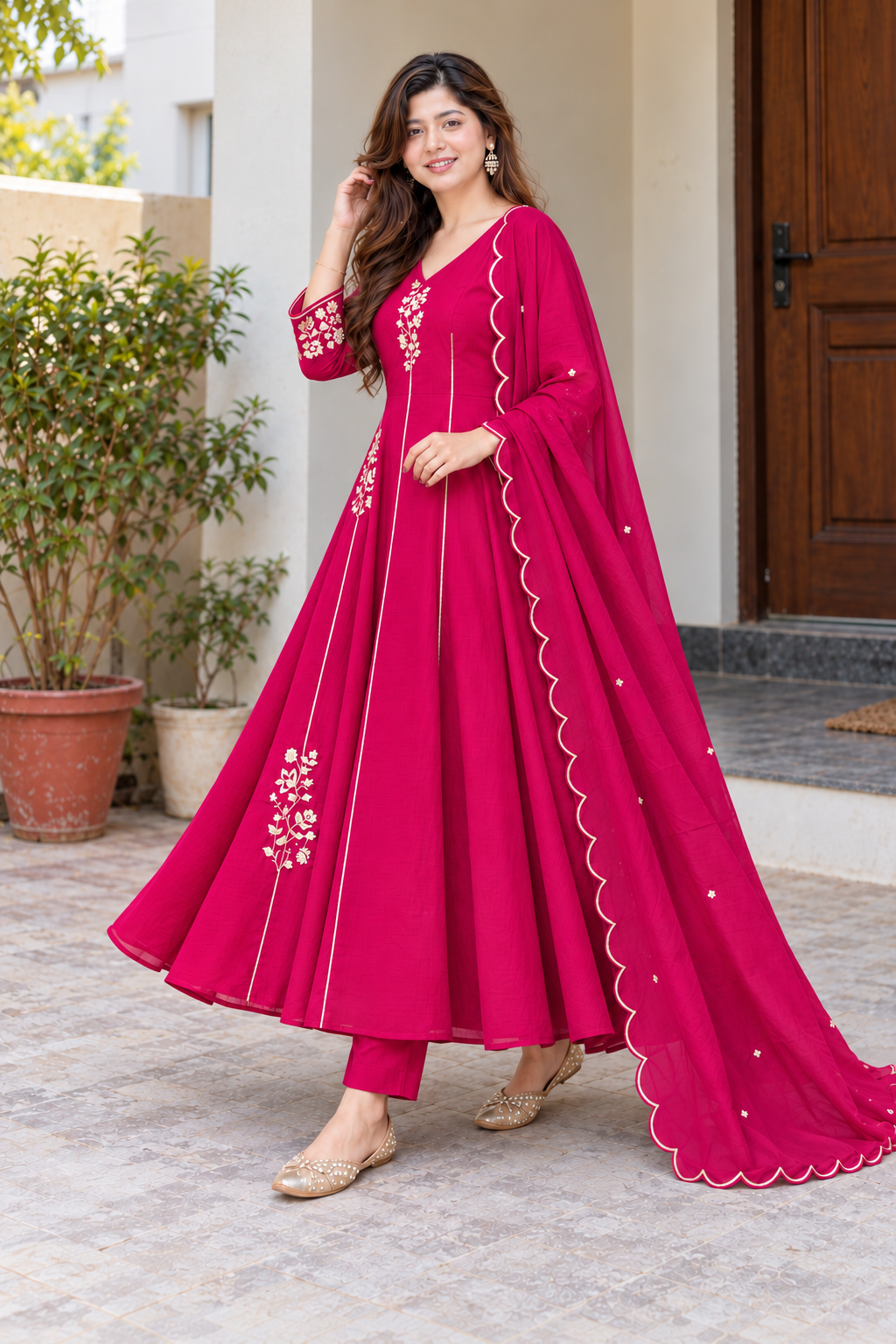 Beautiful Rani Pink Floral Embroidered Anarkali Suit Set