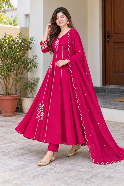Beautiful Rani Pink Floral Embroidered Anarkali Suit Set