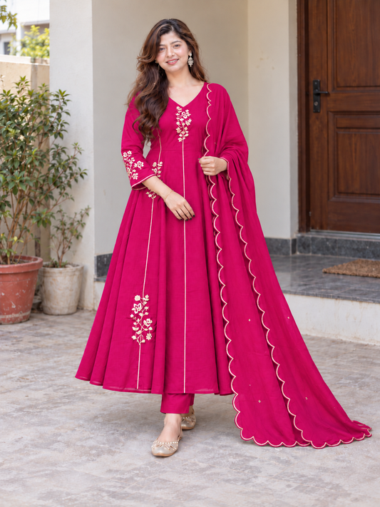 Beautiful Rani Pink Floral Embroidered Anarkali Suit Set